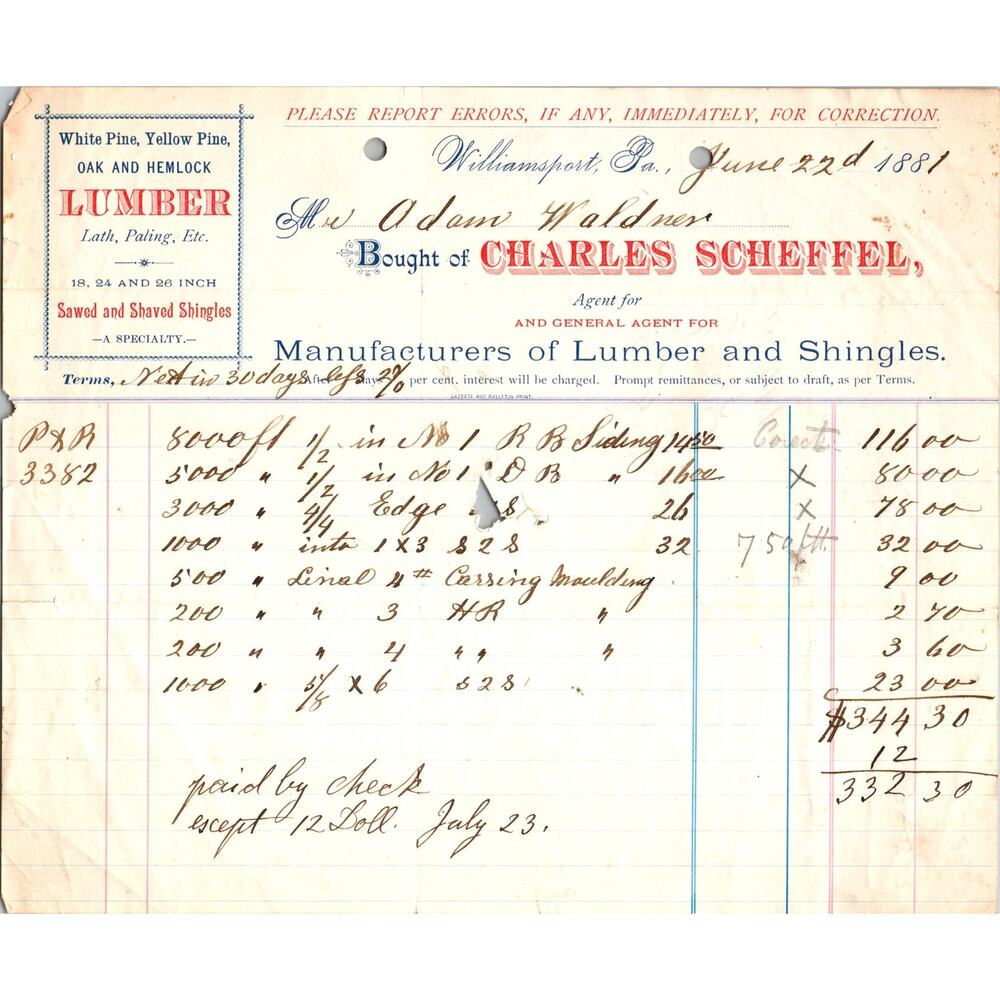 1887 Charles Scheffel Lumber Receipt Williamsport PA Letterhead